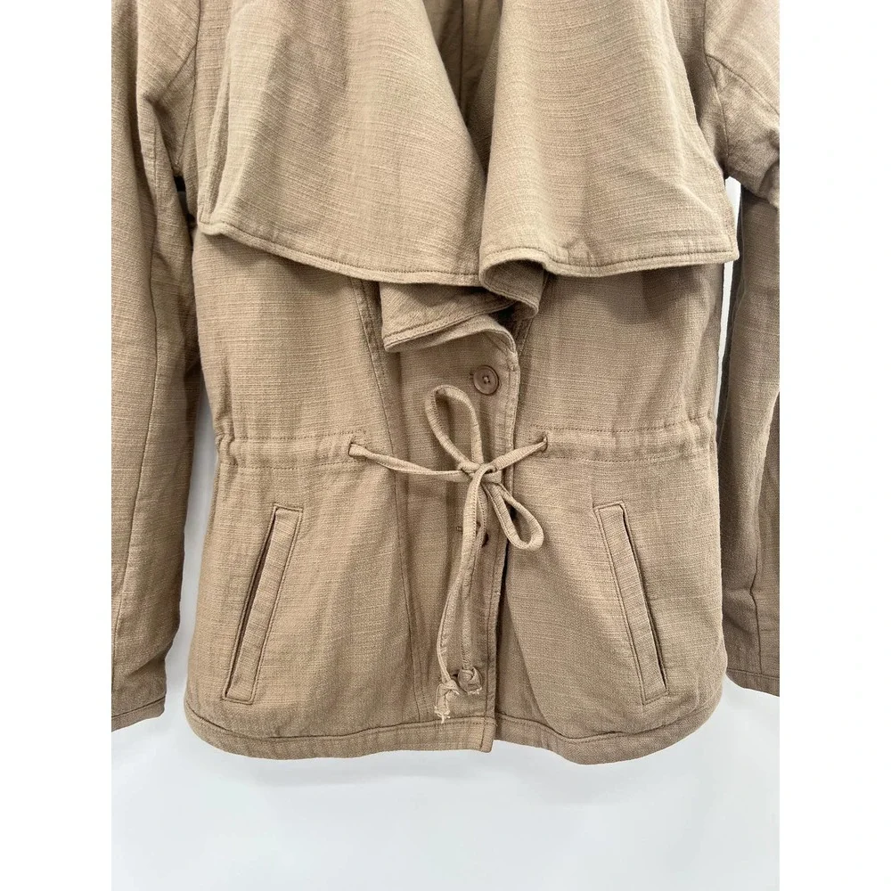 LUCKY BRAND tie waist button up taupe gray waterfall collar brown jacket size XS - Picture 4 of 9